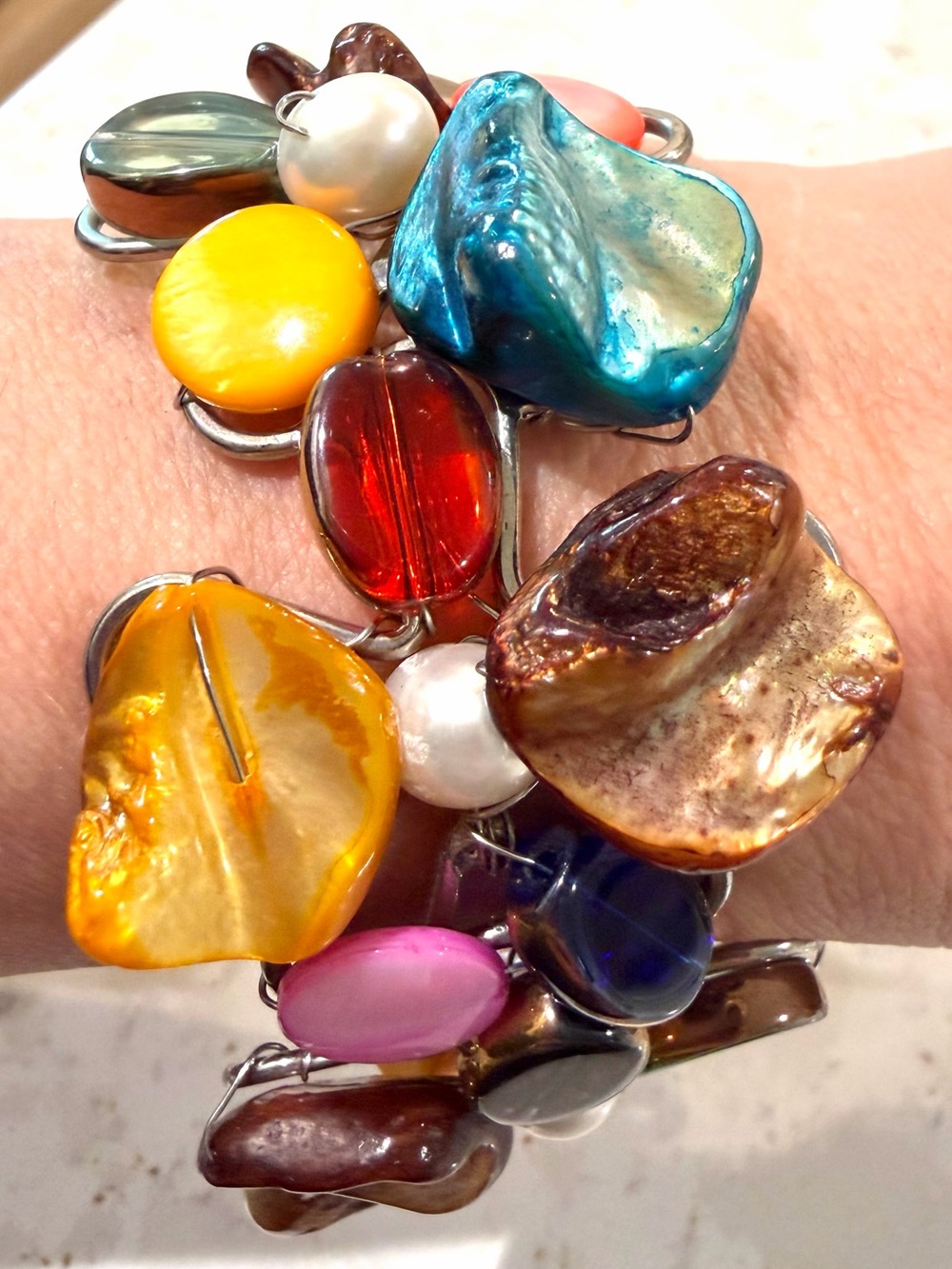 Vibrant Multicolor Artisan Mixed Shell Statement Bracelet Cuff